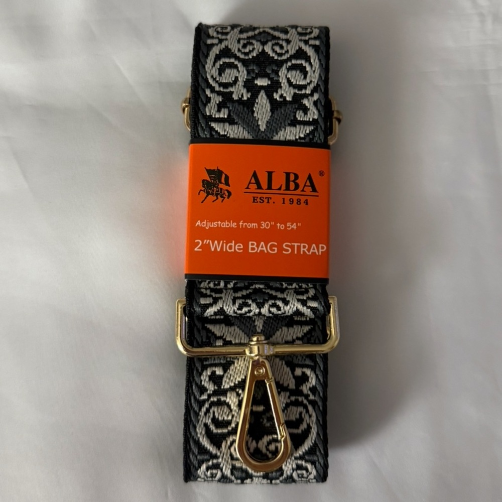NWT Alba Black & Gray Patterned Woven 2” Wide Bag Strap w/ Gold Hardware